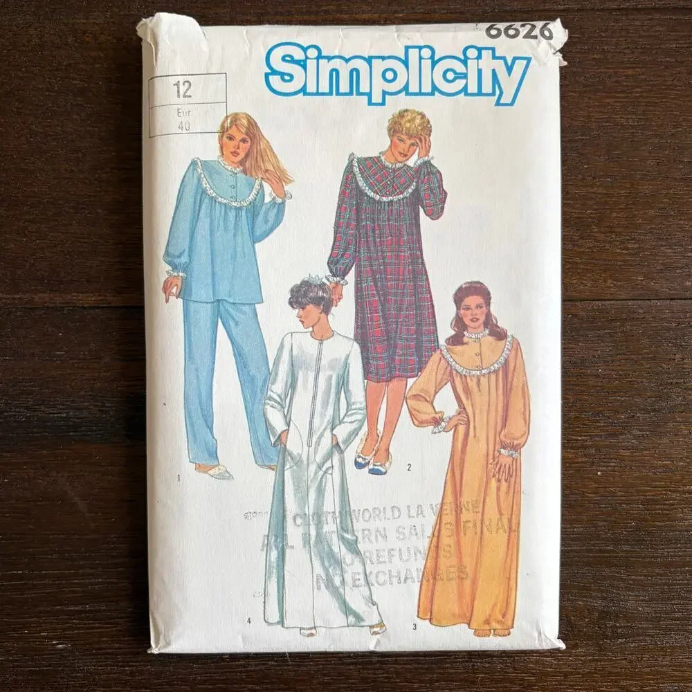 Simplicity 6626 VTG Uncut Sewing Pattern Size 12 Nightgown Pajamas and Robe 80s